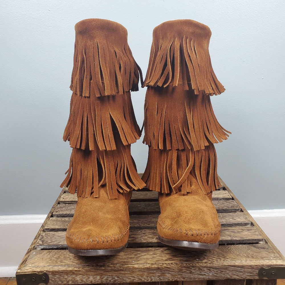 Minnetonka Three-Layer Fringe Suede Boots Size 9 - image 5